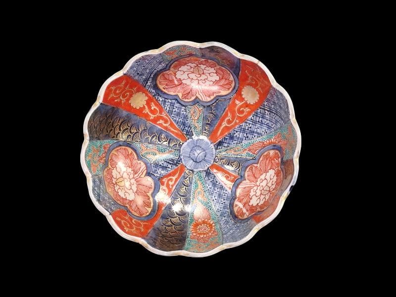 古伊万里 金襴手 窓絵 牡丹の図 輪花鉢 菓子鉢 E900AS-CUq