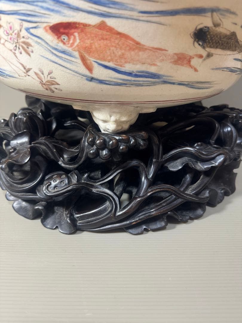 2175 骨董　色絵魚文　金魚鉢　花台付き　根木風　時代物