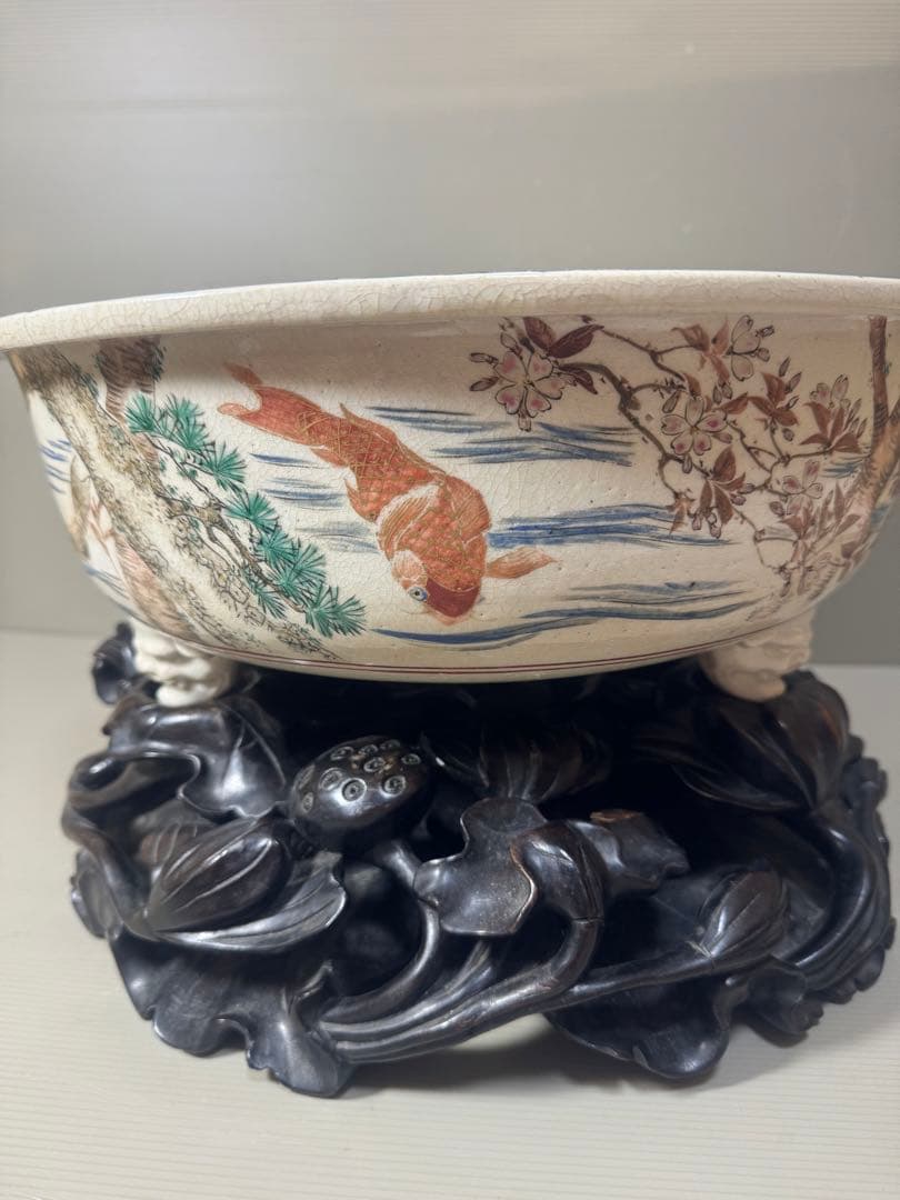 2175 骨董　色絵魚文　金魚鉢　花台付き　根木風　時代物