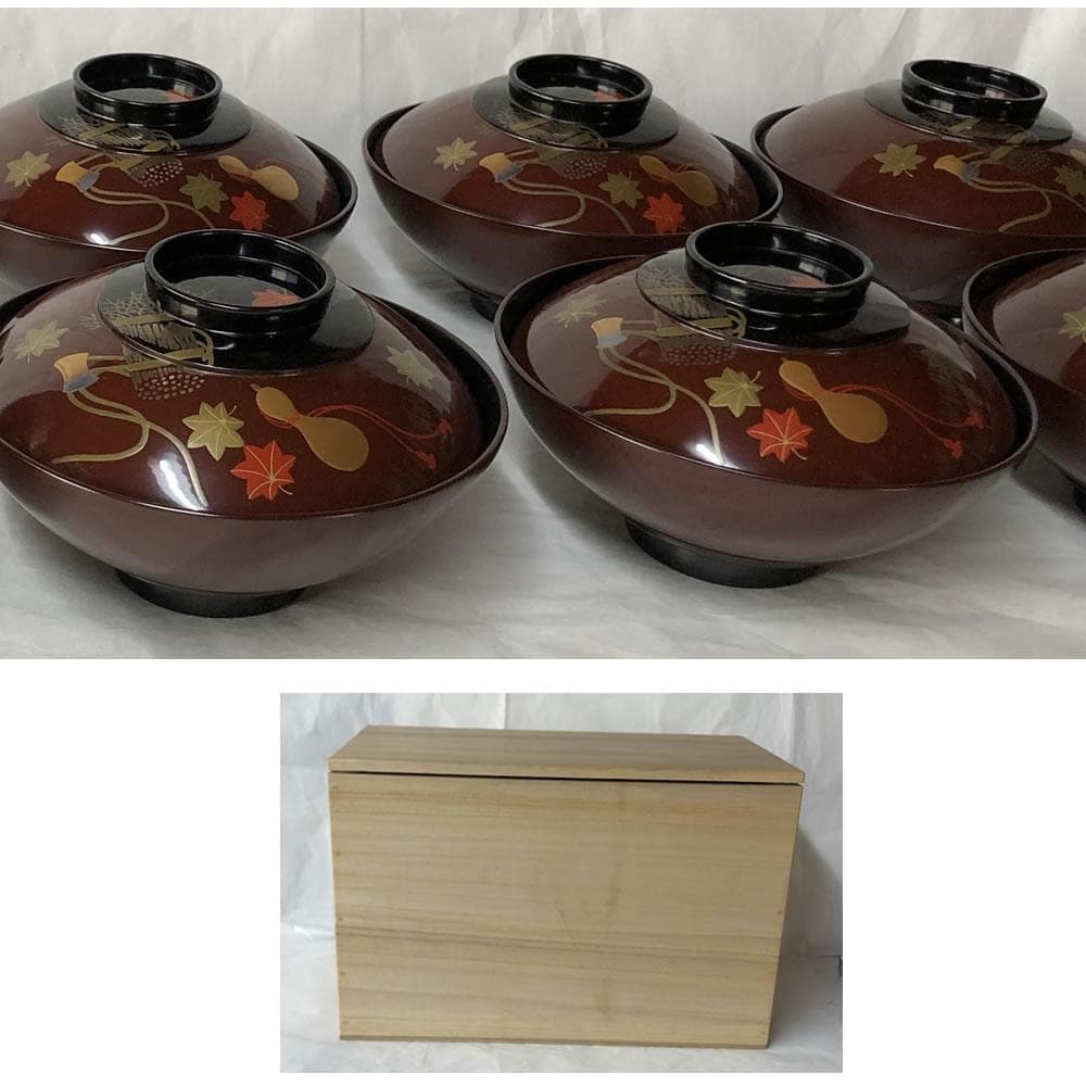 e2641 蒔絵 吸物椀 十客 木箱入り 瓢箪 紅葉 打出の小槌 木製 漆塗
