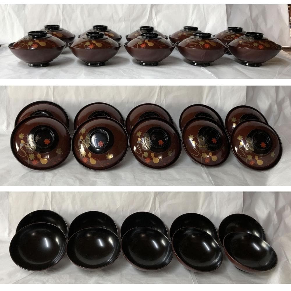 e2641 蒔絵 吸物椀 十客 木箱入り 瓢箪 紅葉 打出の小槌 木製 漆塗
