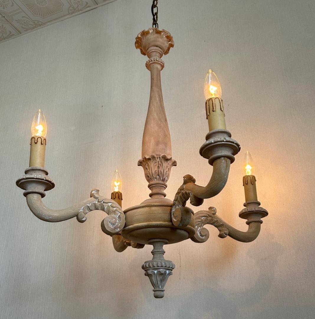 フランスアンティーク 木製シャンデリア 4灯 シャビー 店舗什器