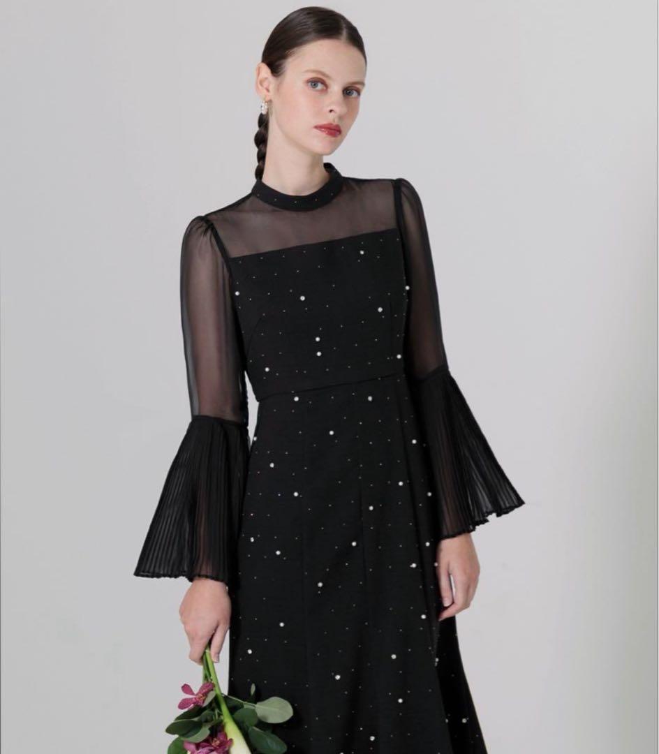 LEJA パールビジュープリーツフレアスリーブマーメイドワンピースドレス