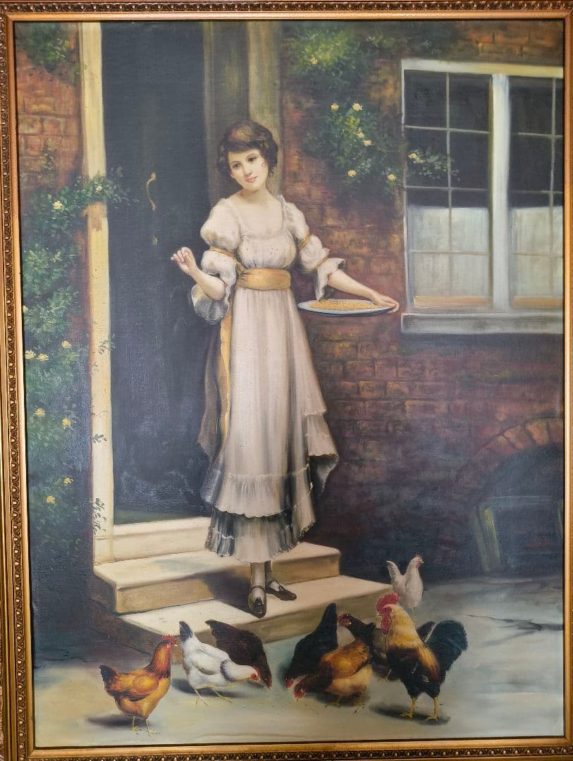 大型絵画　金縁額縁入り　女性絵　鶏　窓　アンティーク　洋風　油絵　洋間　ホテル