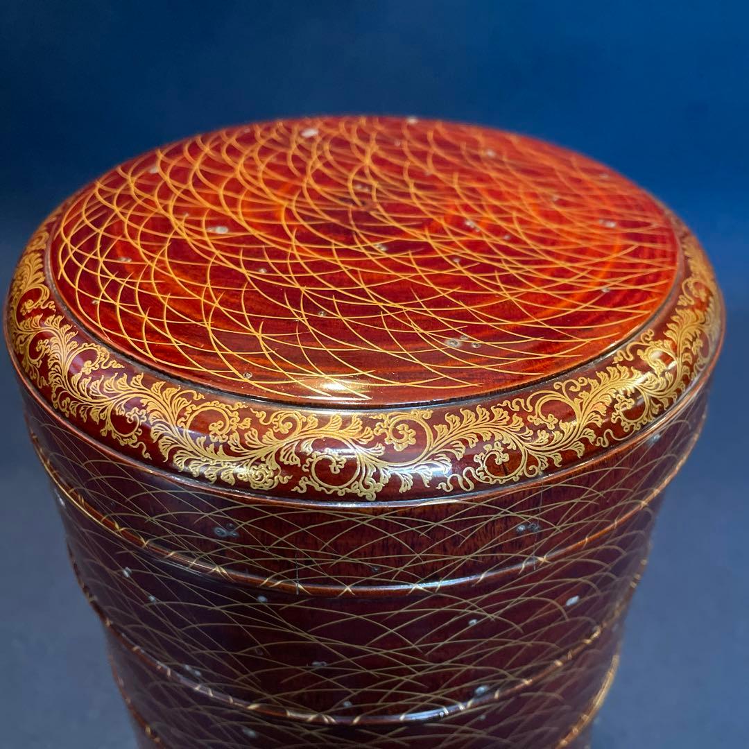 時代物「秋草に露 蒔絵」の『丸型重箱』仕覆・共箱付※美