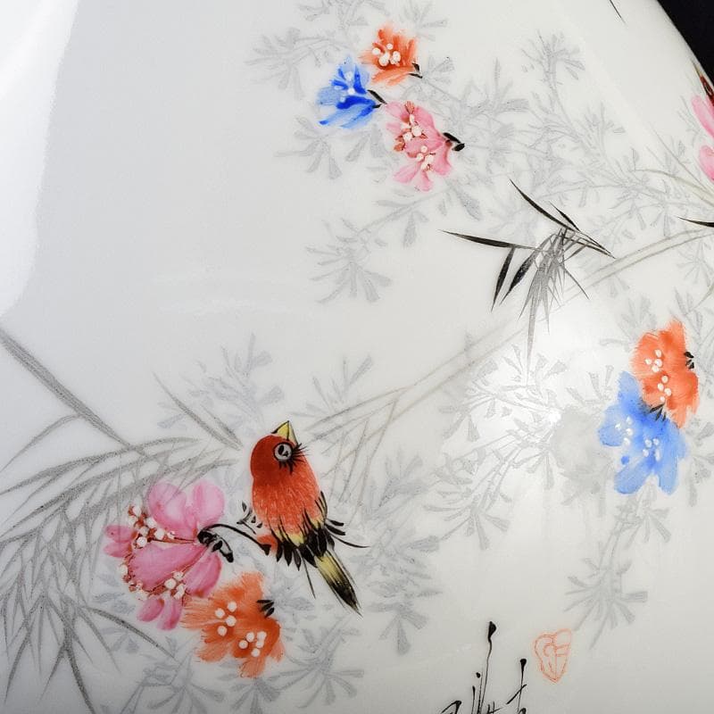 中国 余海犮作 景徳鎮製款 粉彩 漢詩花鳥文 玉