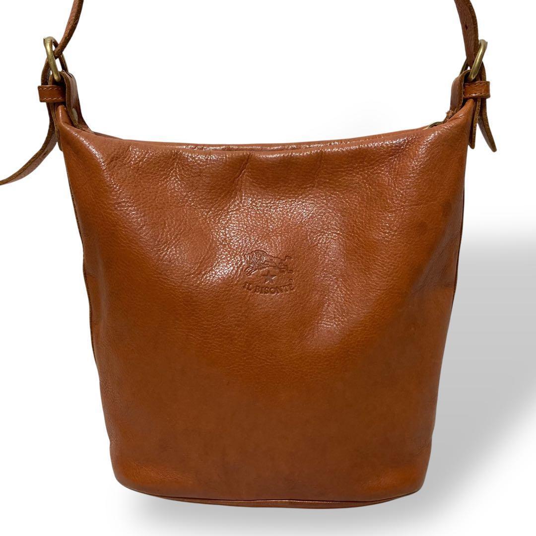 【美品】イルビゾンテ　バケツ型　ショルダーバッグ　オールレザー　ロゴ型押し　茶