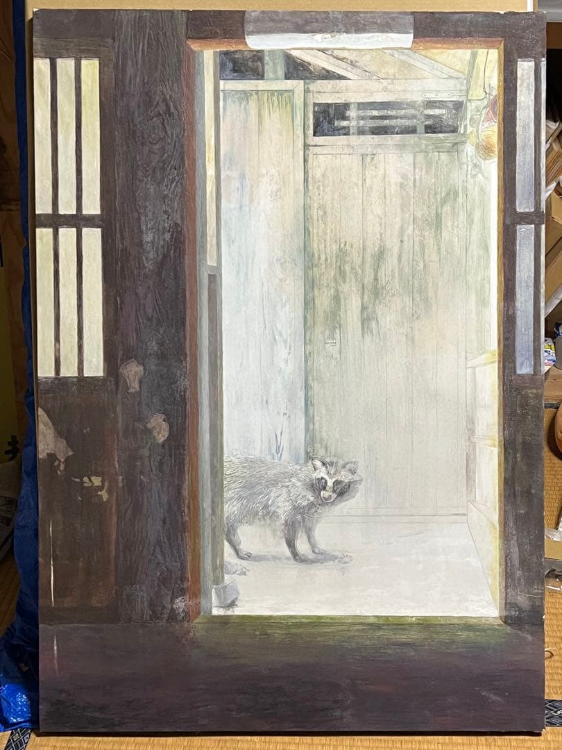 日本画　日本家屋　たぬき　動物　狸　岩絵具　B1サイズ　パネル