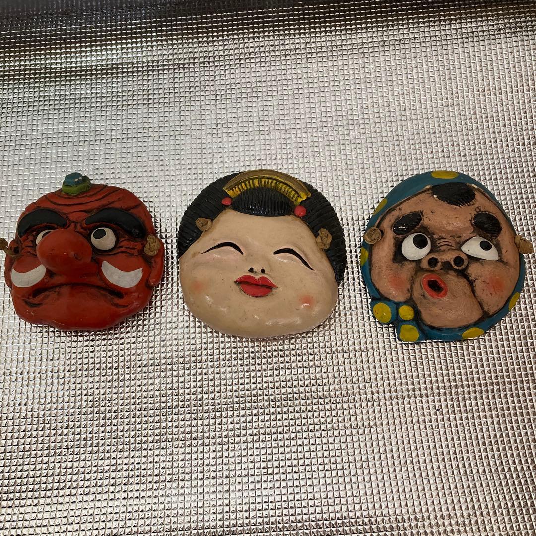 昭和レトロ陶器製お面 3点セット 天狗 おかめ ひょっとこ 幅約14cm