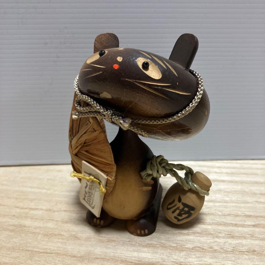 2F たぬき 置物 木彫り 縁起物 笠 徳利 酒 信楽焼風 昭和レトロ 民芸品