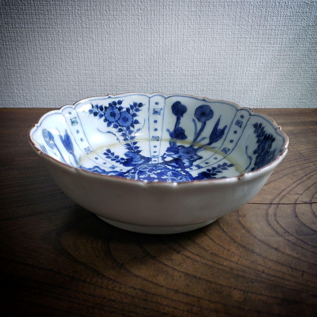 古伊万里染付なます皿芙蓉手花図花唐草イ号訳あり縁欠け江戸