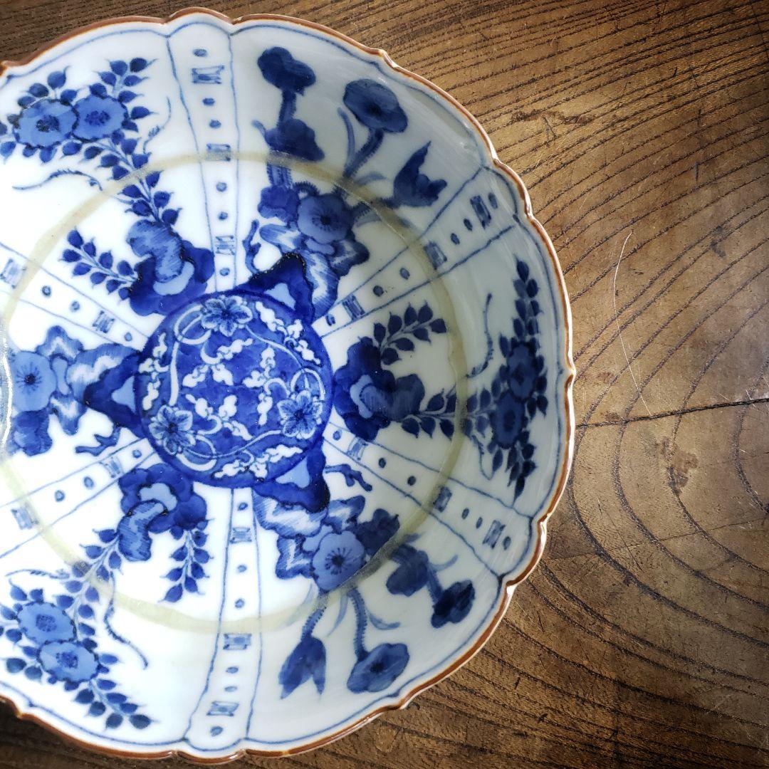 古伊万里　染付　なます皿　芙蓉手　花図　花唐草　訳あり　ガラス継ぎ　ハ号　江戸