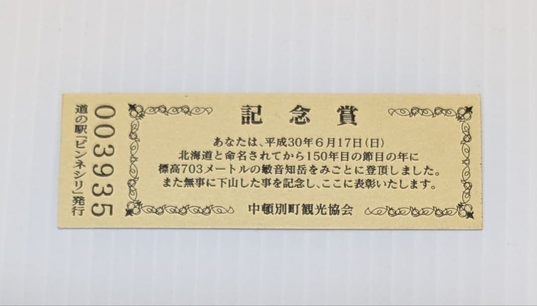 道の駅　ピンネシリ　敏音知岳登山記念きっぷ　非売品　レア　道の駅記念きっぷ