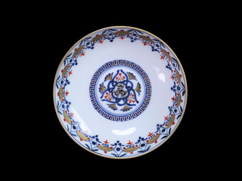 古伊万里 金襴手 瓔珞紋に花の図 蓋茶碗 江戸期 C000AS-CJa