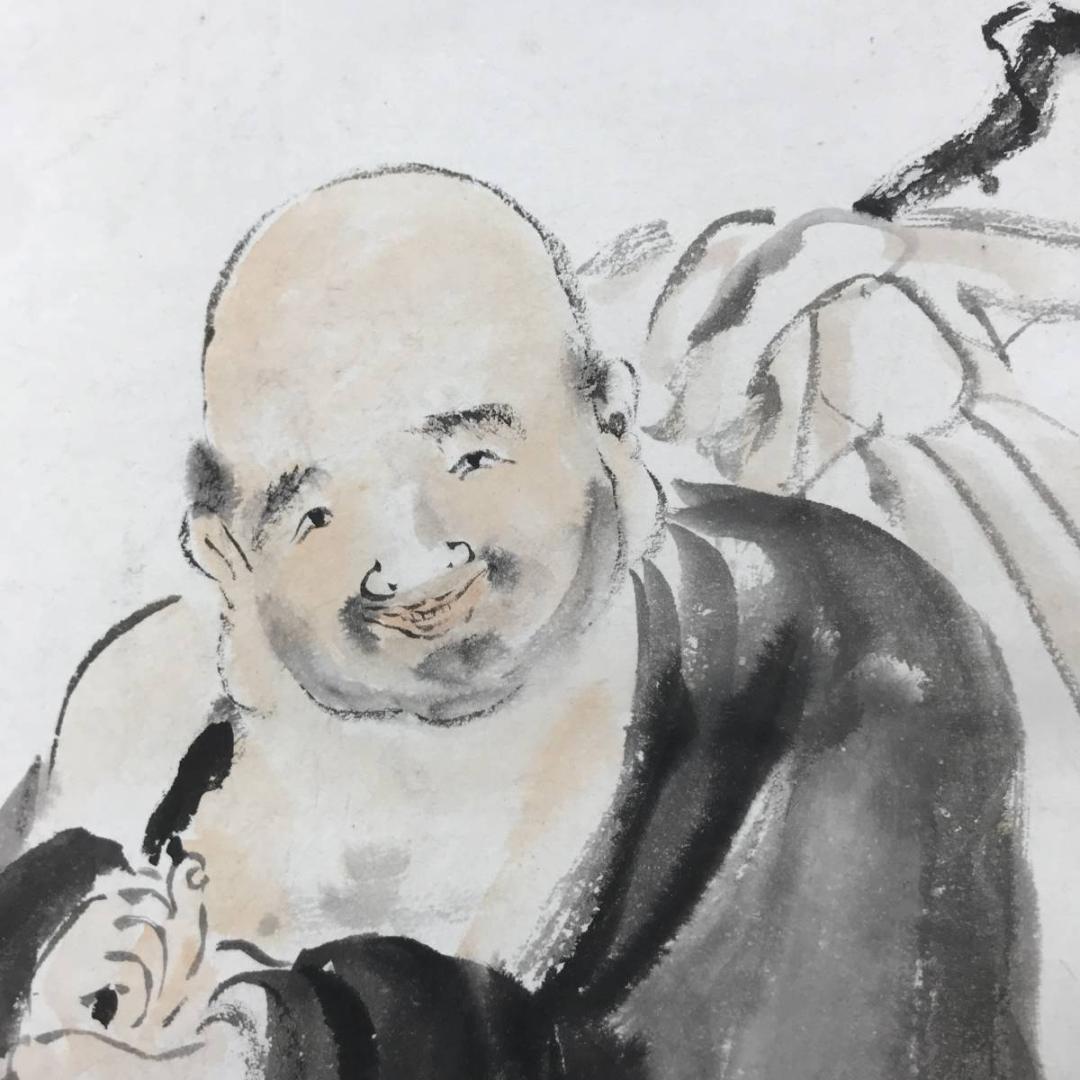 【真作】南陽画/中村不折賛/布袋画賛/人物図/掛軸/名家伝来/AC-508