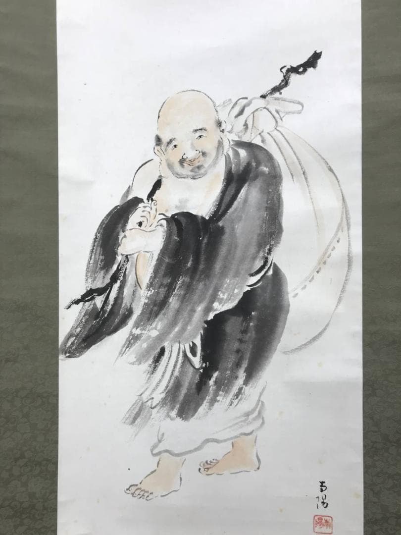 【真作】南陽画/中村不折賛/布袋画賛/人物図/掛軸/名家伝来/AC-508