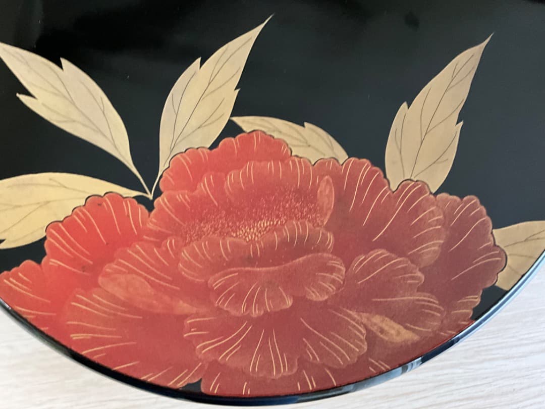 輪島塗　菓子器　清水清雅堂作　牡丹蒔絵