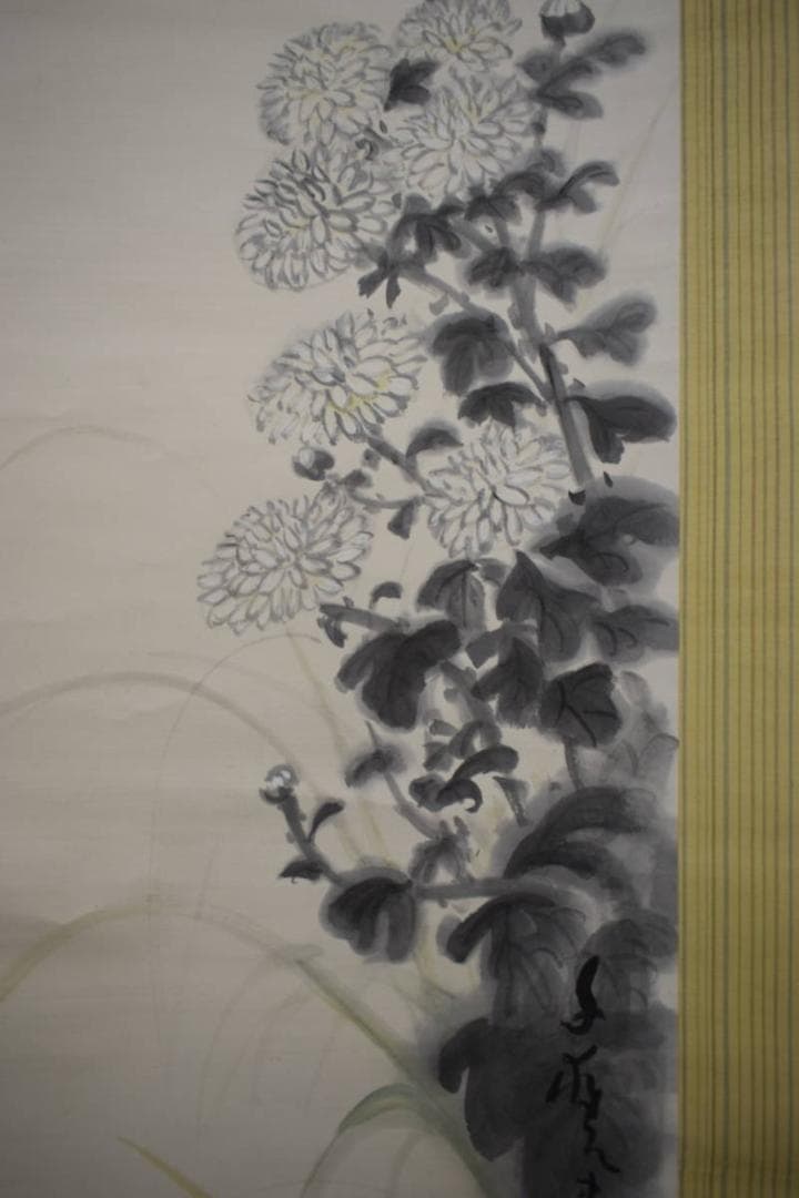 真作/小川千甕/紅葉菊に小禽図/布袋屋掛軸HJ-342