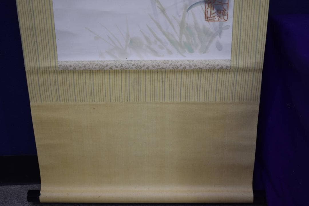 真作/小川千甕/紅葉菊に小禽図/布袋屋掛軸HJ-342