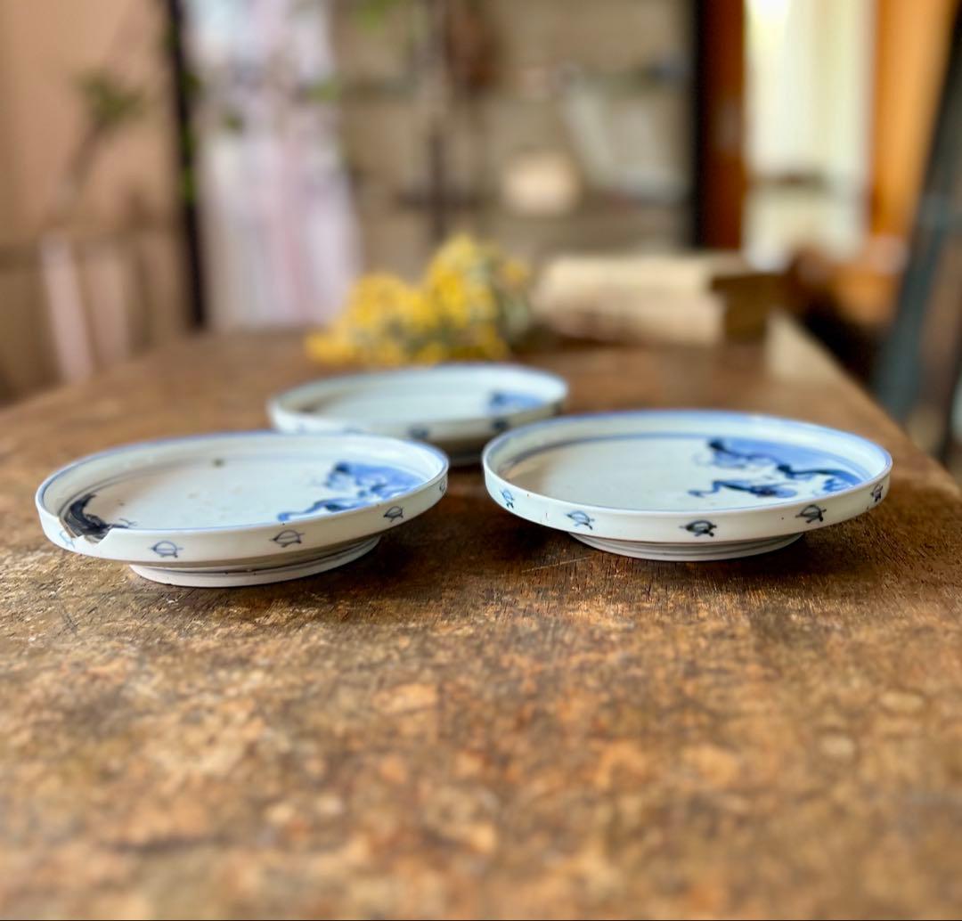 時代 古染付 雁の図 傷3枚セット 古伊万里 染付 食器 金直し練習用