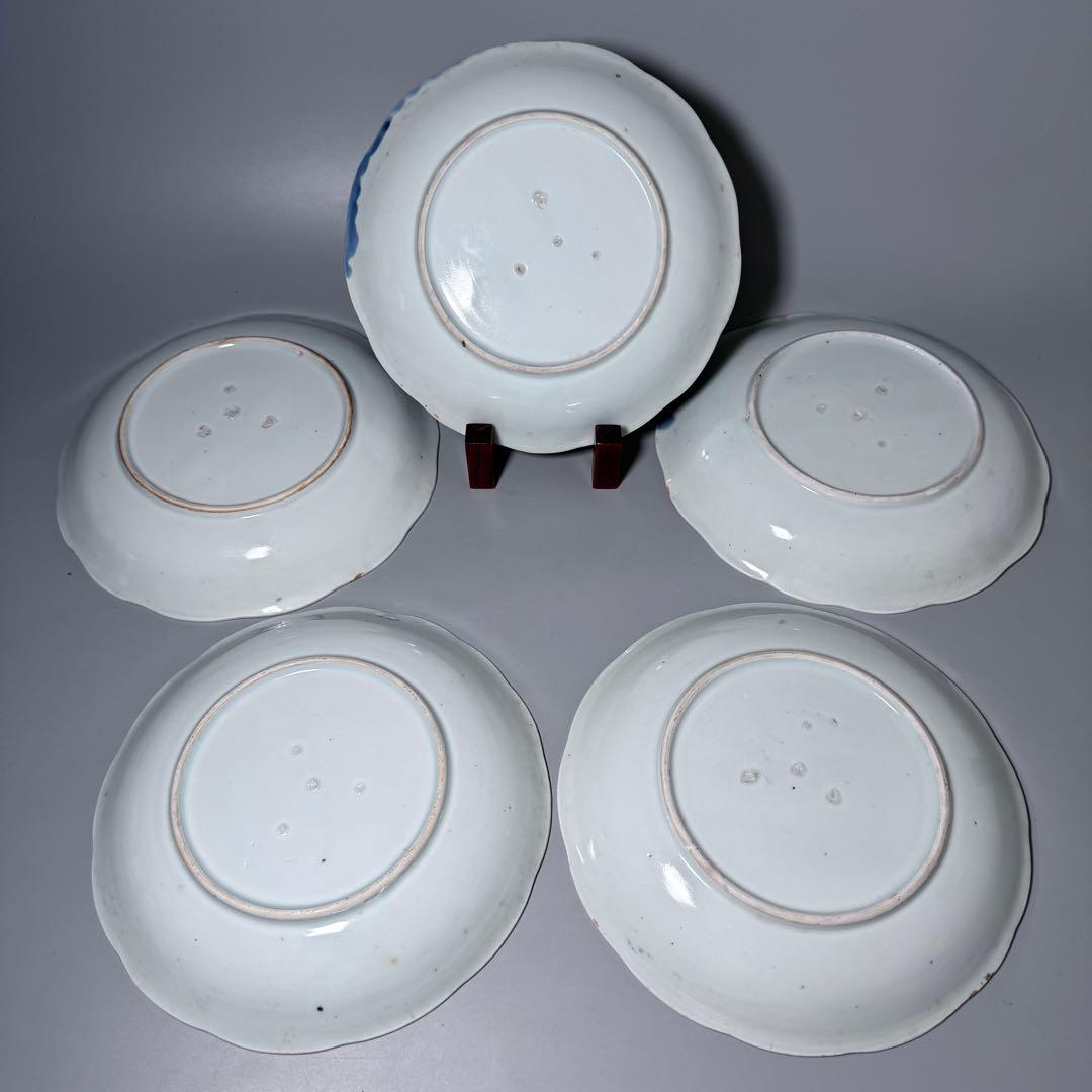 江戸後期　古伊万里　墨弾き　染付　松竹梅　瓢箪文様　5枚　23.3cm　雰囲気◎