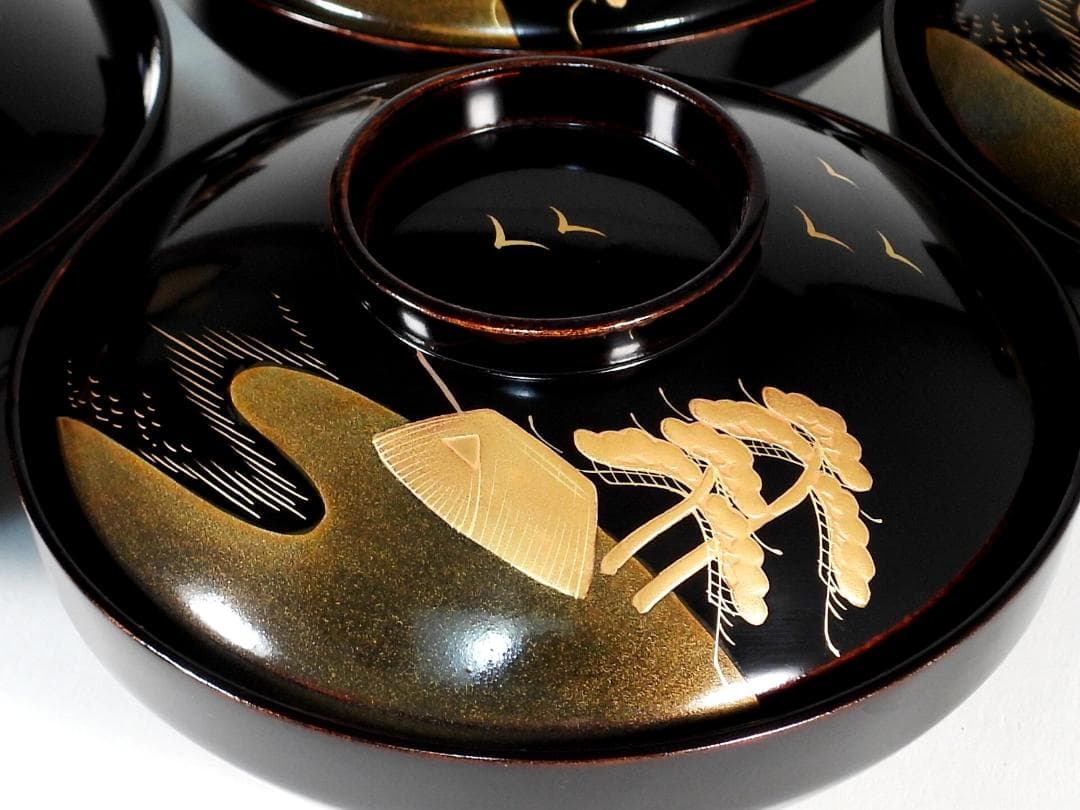 金蒔絵　風景図　木製漆器 輪島　汁椀蓋碗5客セット　吸物碗