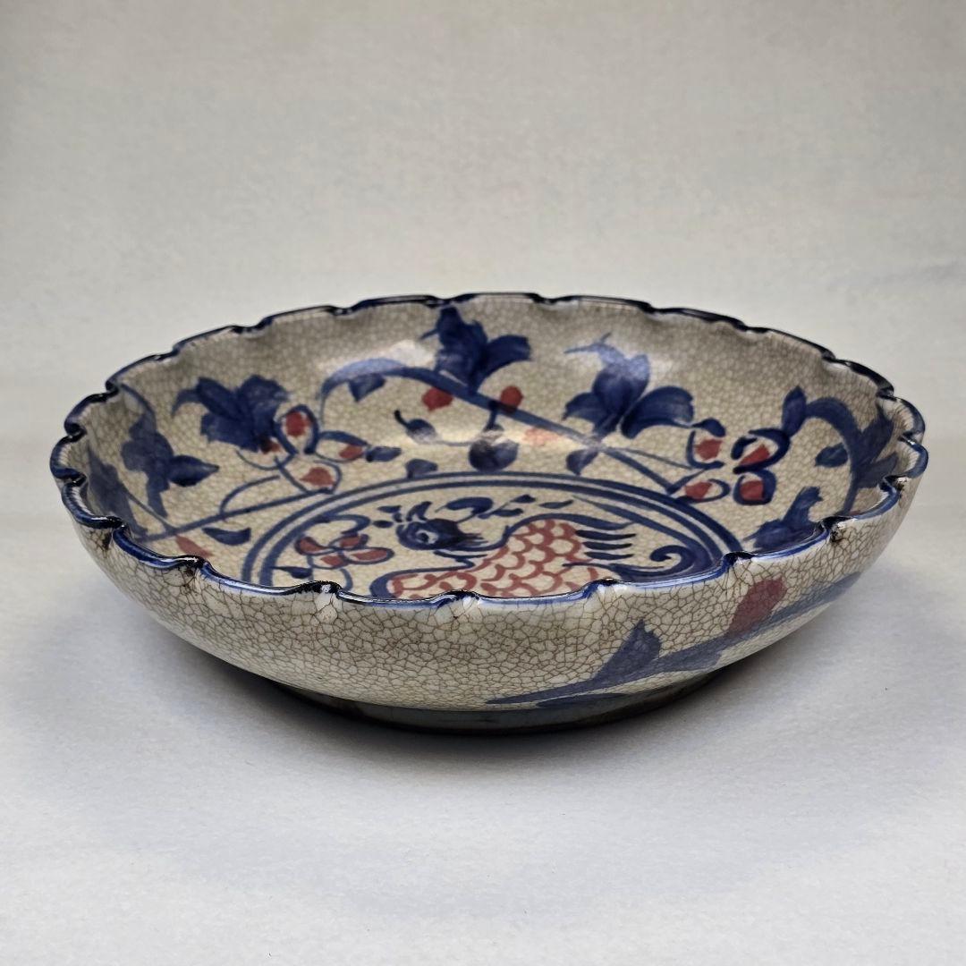 舶来品 中国古磁 青花染付 釉里紅 手絵 花鳥紋 観賞皿 筆洗い 筆添 在銘