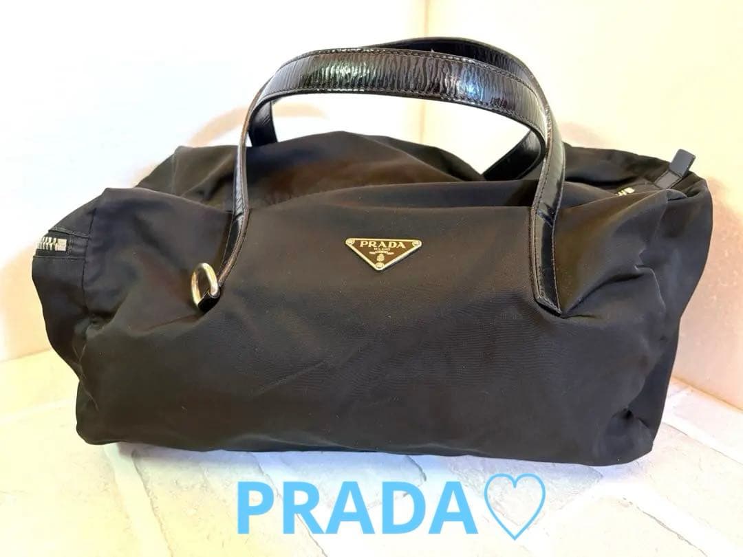 【のんびり◡̈⃝】プラダ ミニボストン ハンドバッグ ナイロン レザー PRADA プラダ ナイロン×レザー ハンドバッグ トート ミニボストン