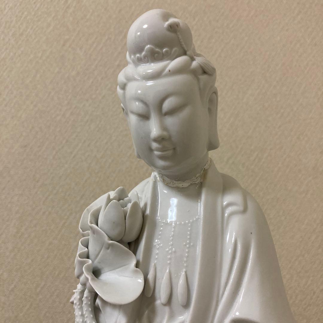 修復あり 中国美術 白磁 蓮上観音立像 置物 仏像〈検 徳化窯 観音菩薩