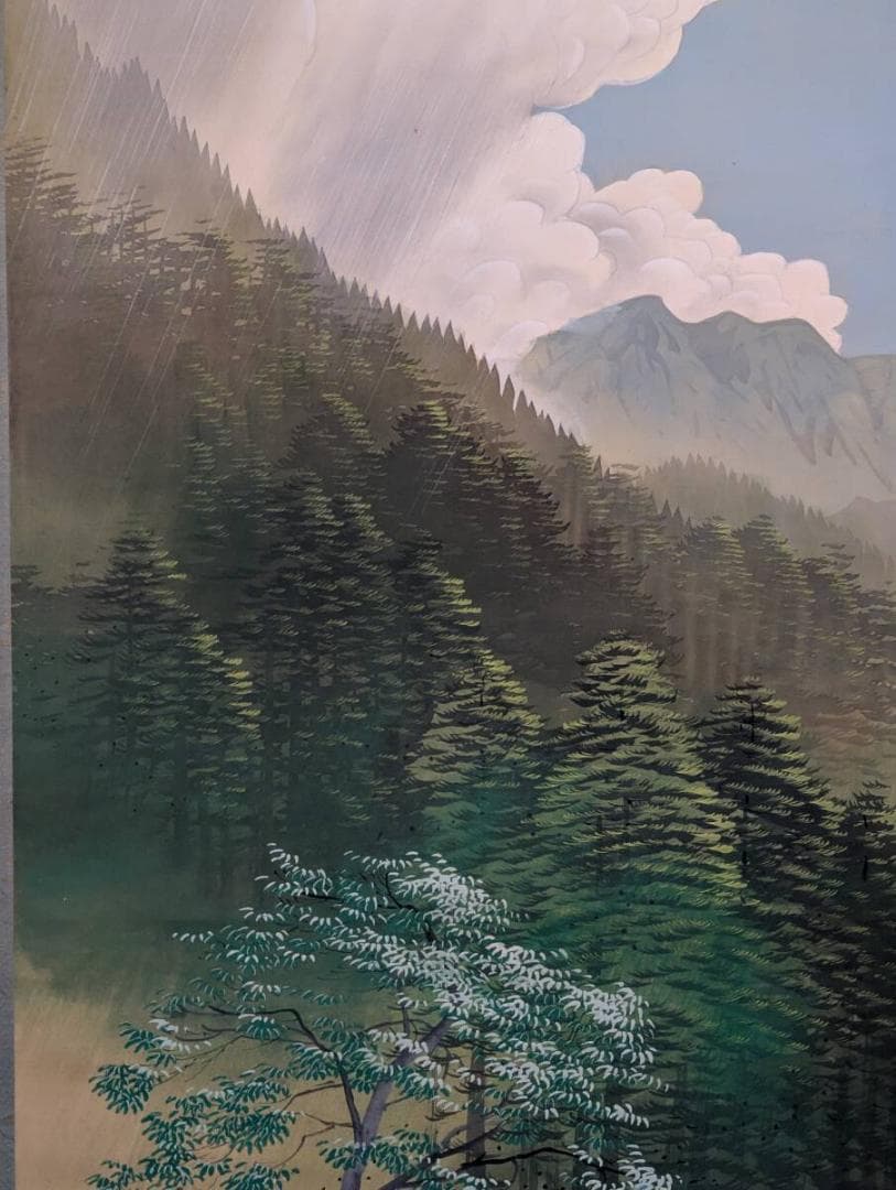 【真作】掛軸　岡部光成　御嶽山　雄大な山景と清涼感あふれる情景　共箱入　T174