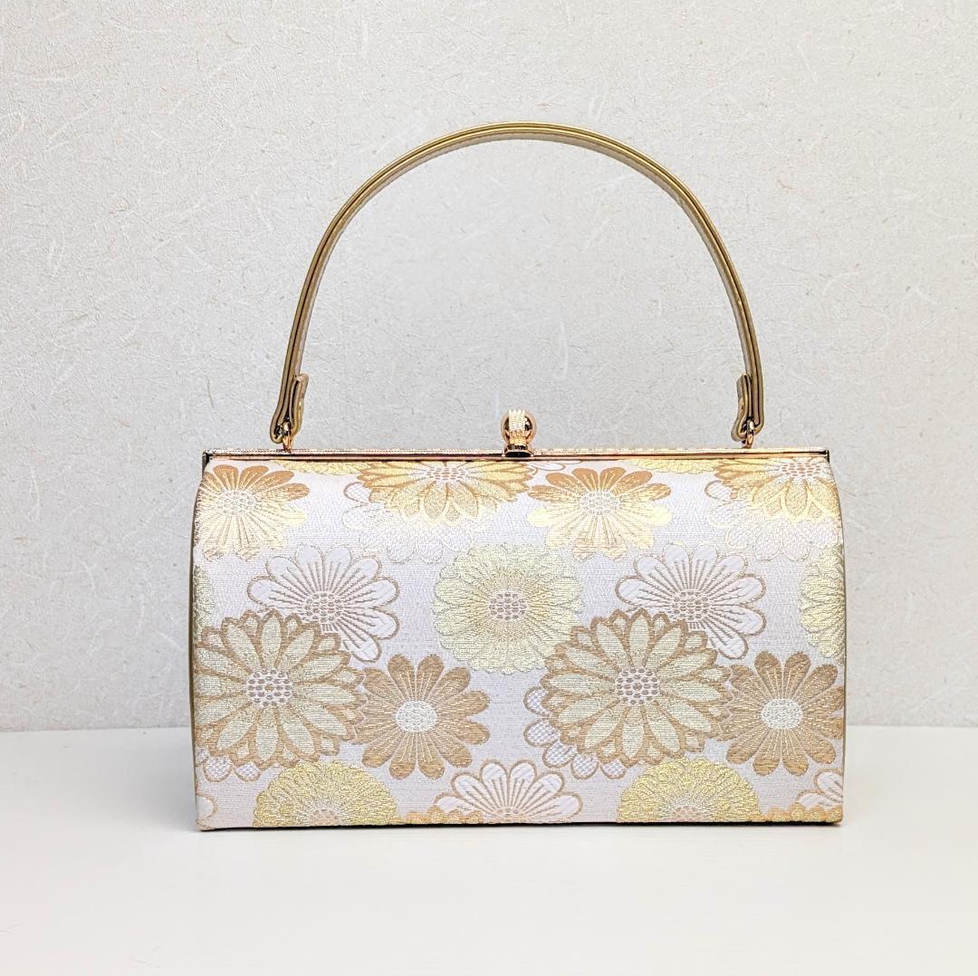 和装 草履バッグセット 白 金 ゴールド 帯地 菊花 古典 フリーサイズ u8