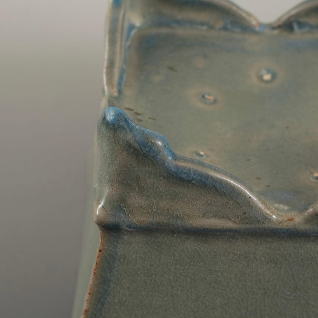 天晴釉 四方形 香炉 倣古 仿汝釉 清朝期？ 中国美術 青磁香炉