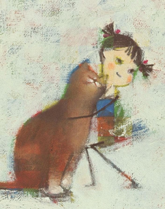 油絵 菅家令子絵 絵画インテリア額付(青緑＋金色の枠)F4-072419猫犬女子