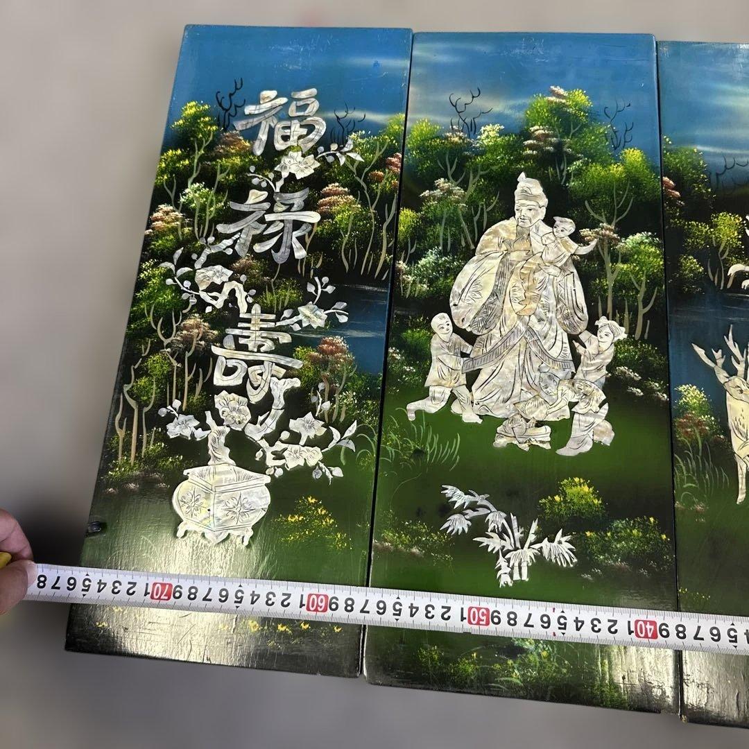 中国風 ，螺鈿細工，貝殻，四つのパネル，螺鈿細工，漆工，壁飾り，古美術品 ，漆芸
