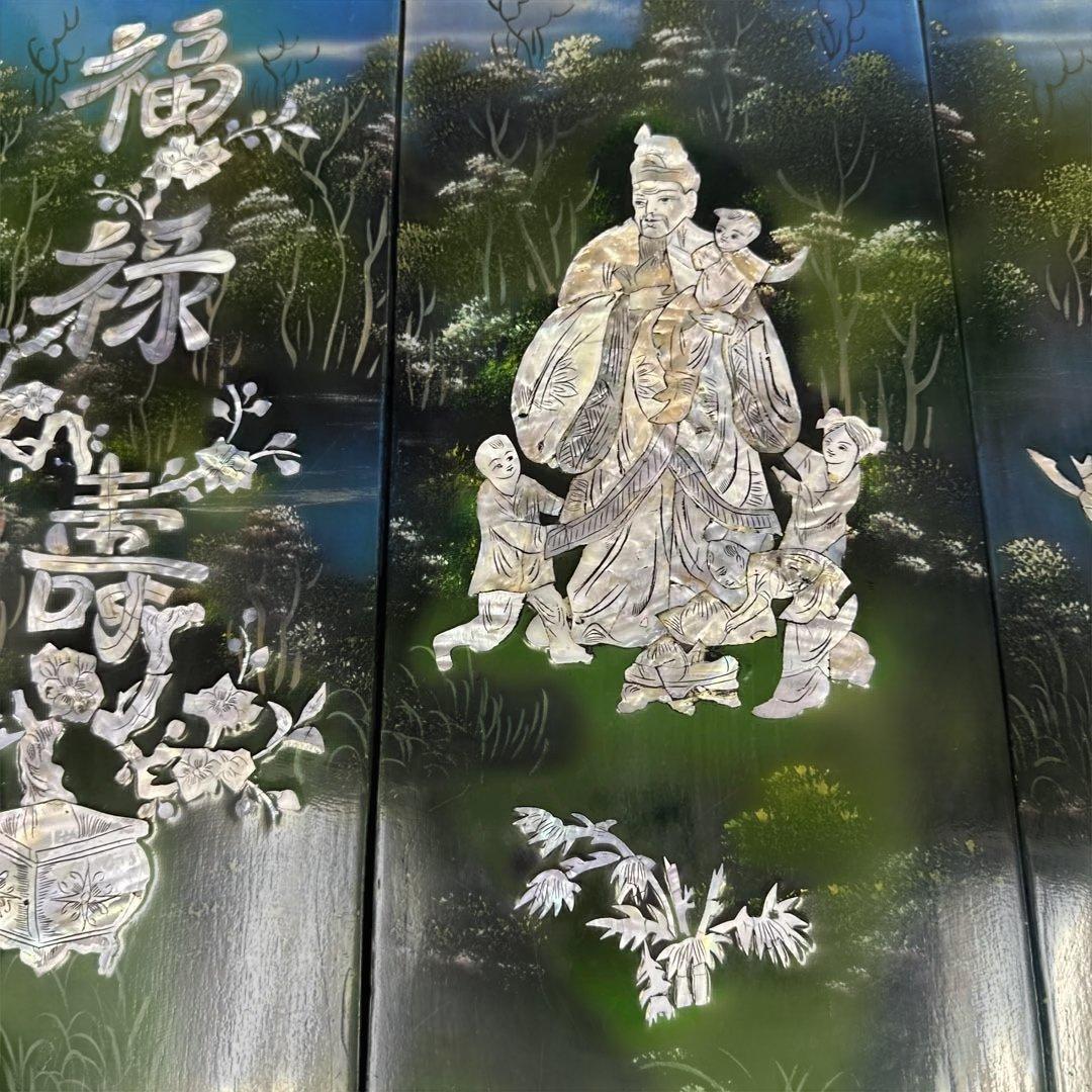 中国風 ，螺鈿細工，貝殻，四つのパネル，螺鈿細工，漆工，壁飾り，古美術品 ，漆芸