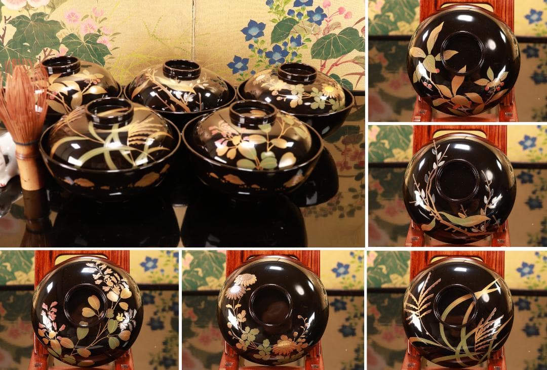 BJ119　時代輪島塗　図替わり　草花蒔絵　吸物椀　五客　木製 懐石 菓子 輪島塗椀 草花金蒔絵 黒塗御吸物椀 五客 木製漆器 漆芸懐石会席｜Yahoo