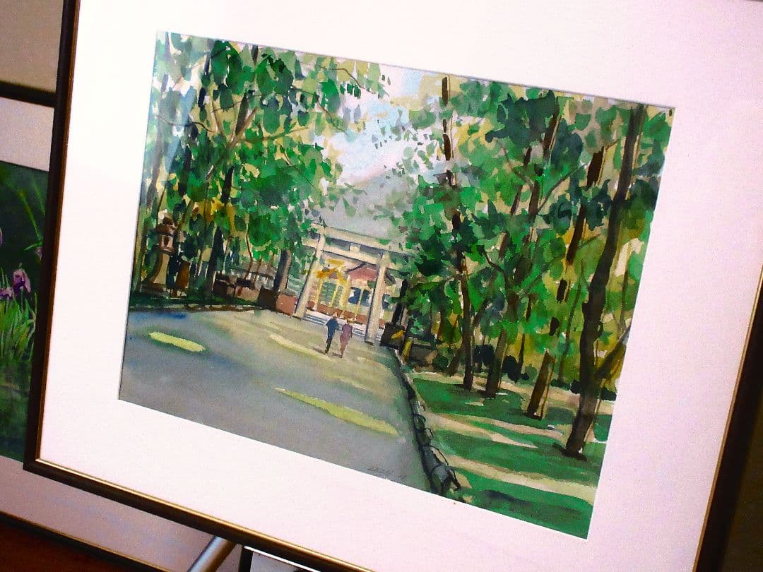 水彩画 (比木神社) 額装済み