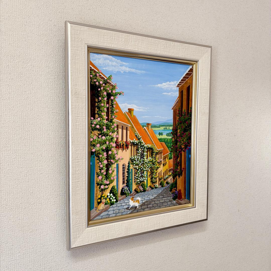 アクリル画　原画　「花の咲く路地14」額縁付き　F6サイズ　風景画