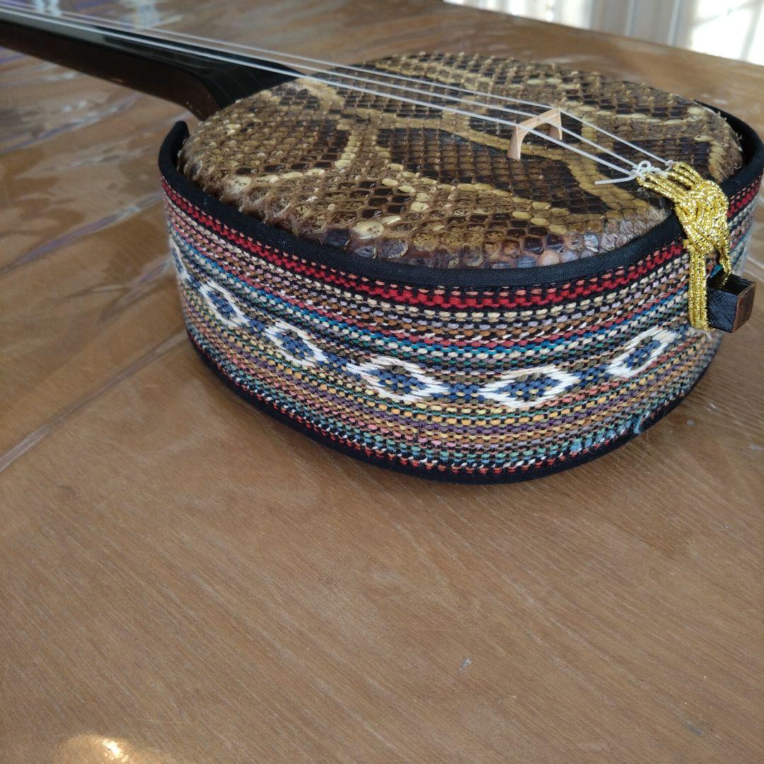 沖縄三線 蛇本皮 セミハードケース、バチ、新品の弦付き