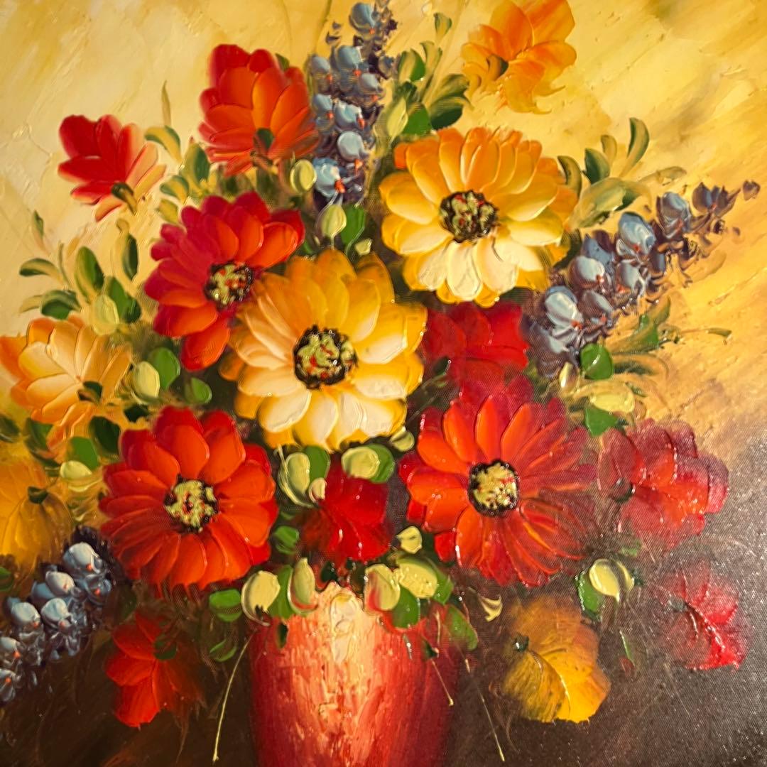 手書き油絵 花瓶の花 額付 肉筆絵画 インテリア 油彩画