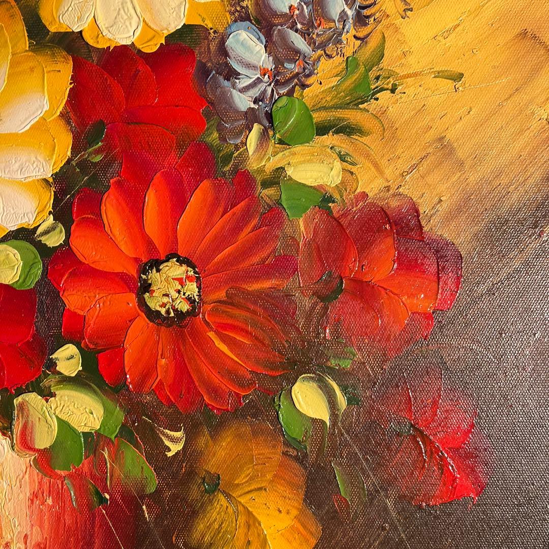 手書き油絵 花瓶の花 額付 肉筆絵画 インテリア 油彩画