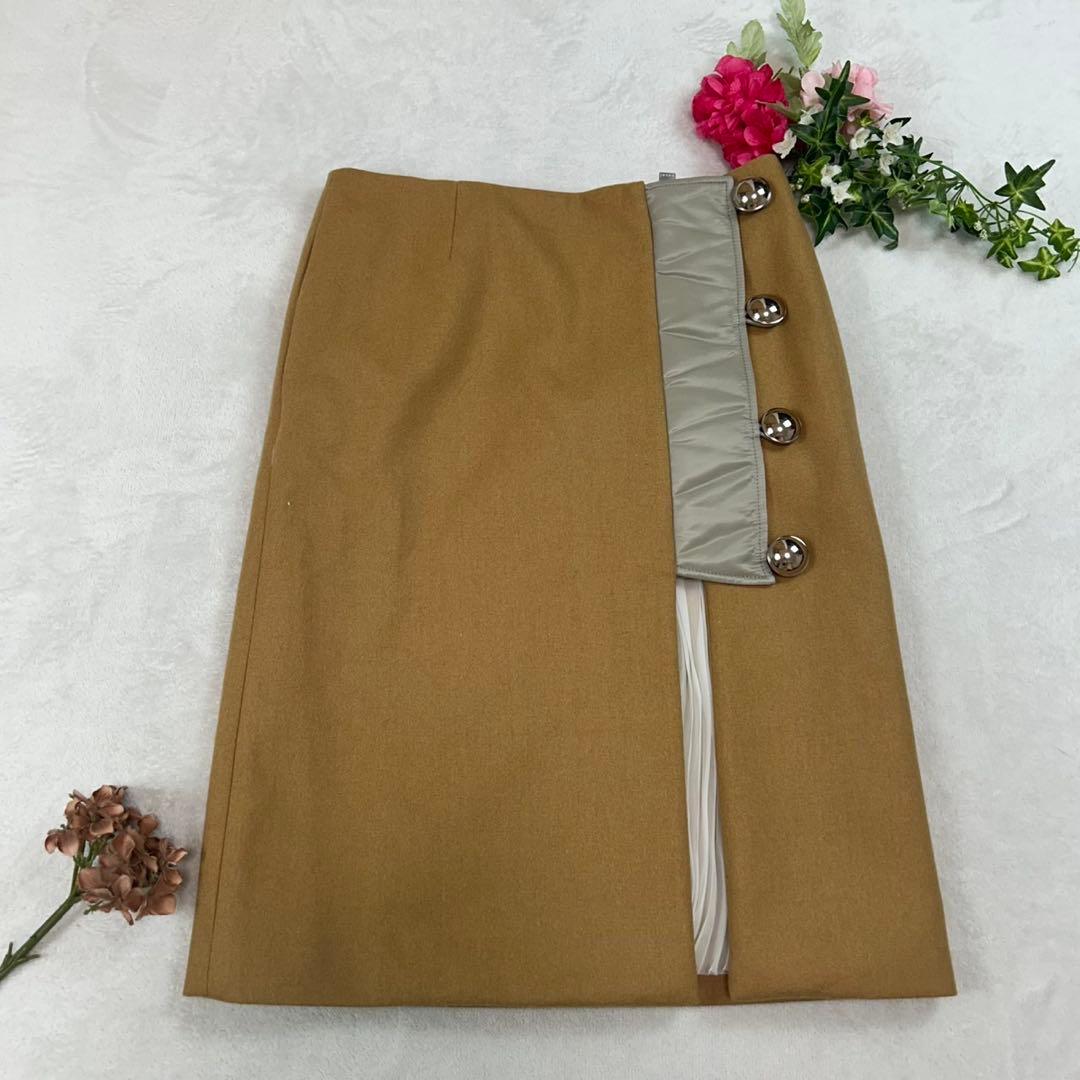J867 美品 L サカイ プリーツ ひざ丈スカート キャメル レディース