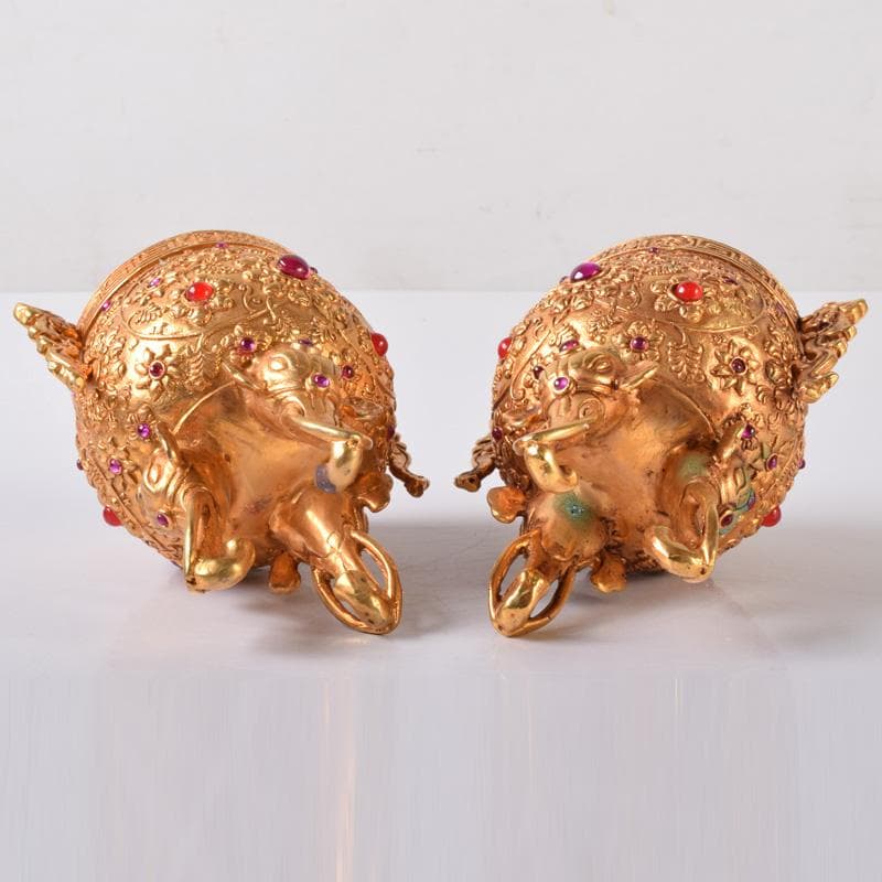 中国　古銅鍍金　双耳三つ足杯　一對　時代箱付　V　7593A