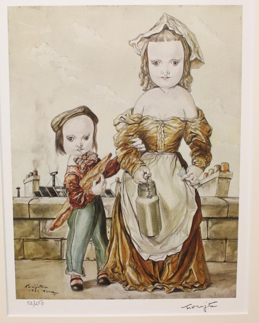 藤田嗣治 エスタンプリトグラフ「パンを持つ少女」販売証明書付き 250