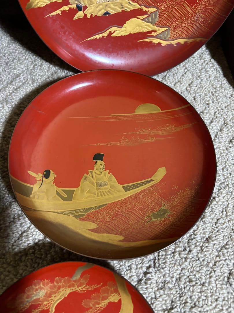 明治時代 金蒔絵 朱塗 祝議用 大盃 金彩絵図 漆器 骨董品 蔵出し