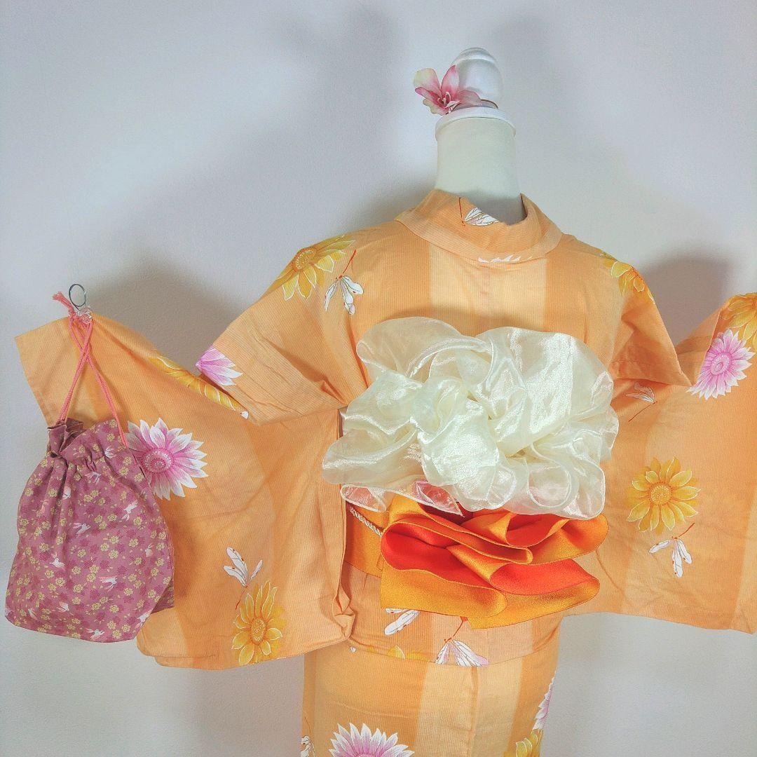 レディース　浴衣　セット　身丈162cm　オレンジ　とんぼ　花柄　半幅帯　黄色