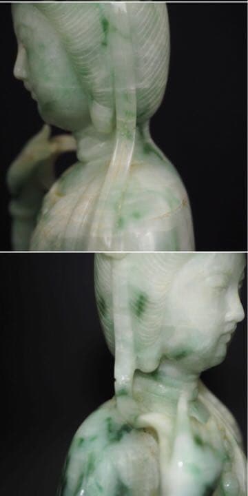 送料無料古い新潟糸魚川翡翠A貨彫刻観音立像 鑑定書付 31.5cm/1963g