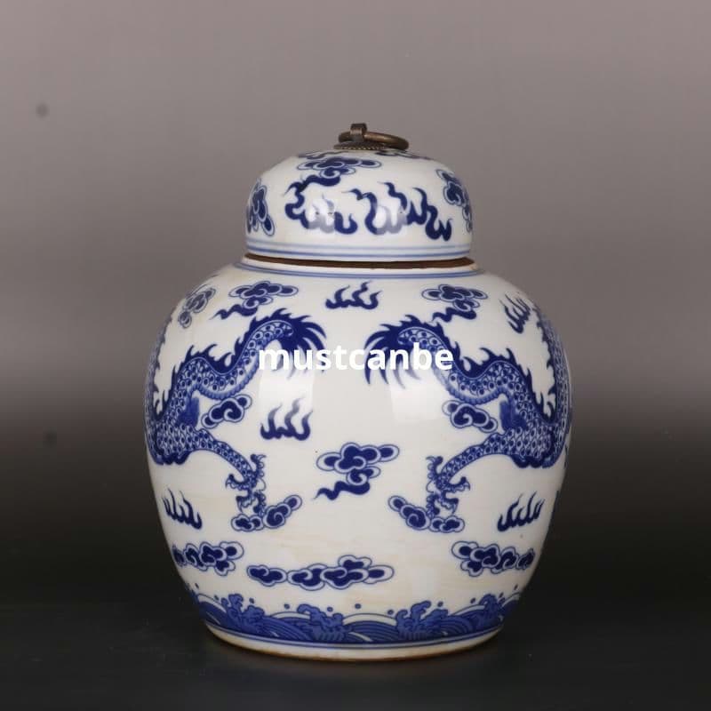 清康熙鯖双龍戯珠紋蓋缶 景徳鎮 陶磁器 装飾品 現代工芸品 置物