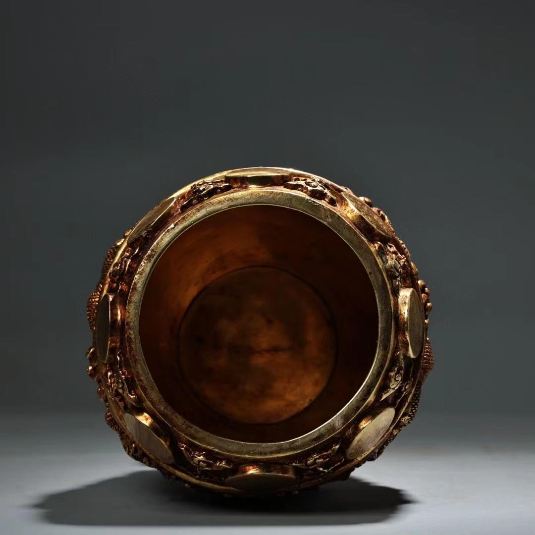 中国古美術・旧蔵鎏金盘龍龍頭付きの鐘・純銅細密彫・純手作り・高浮彫・置物・漆箱付