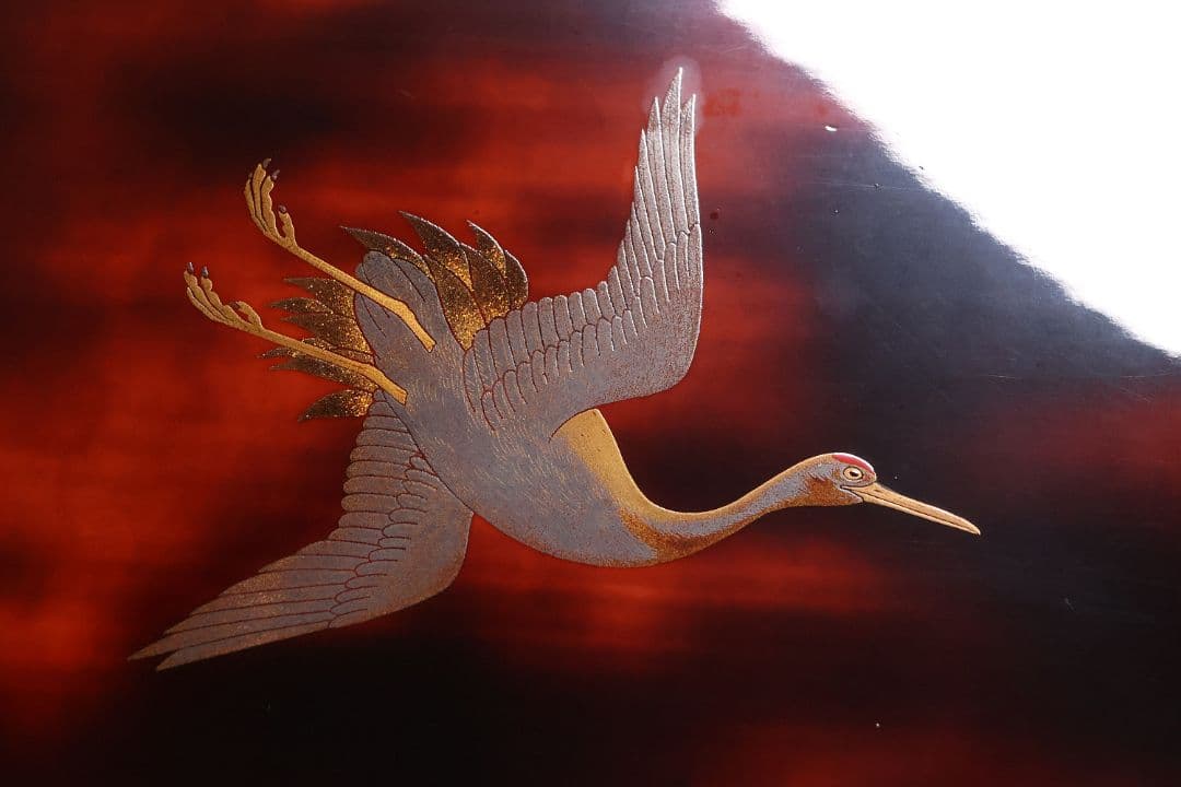 時代 漆芸 鶴図 金銀蒔絵 曙塗 八足 二段卓 木製 花台 銀露【MA661】